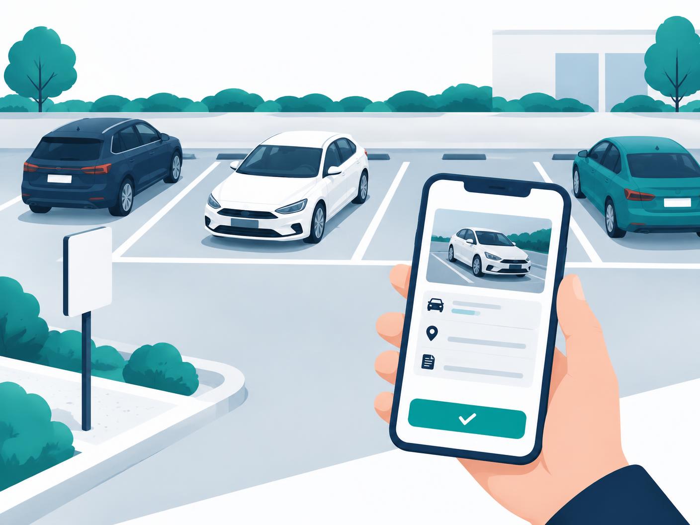 Illustration: private Parkfläche und Smartphone mit strukturierter digitaler Erfassung
